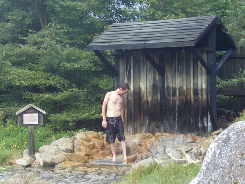 One hot, one cold stream of water. Comes out in big drops that massage your back.